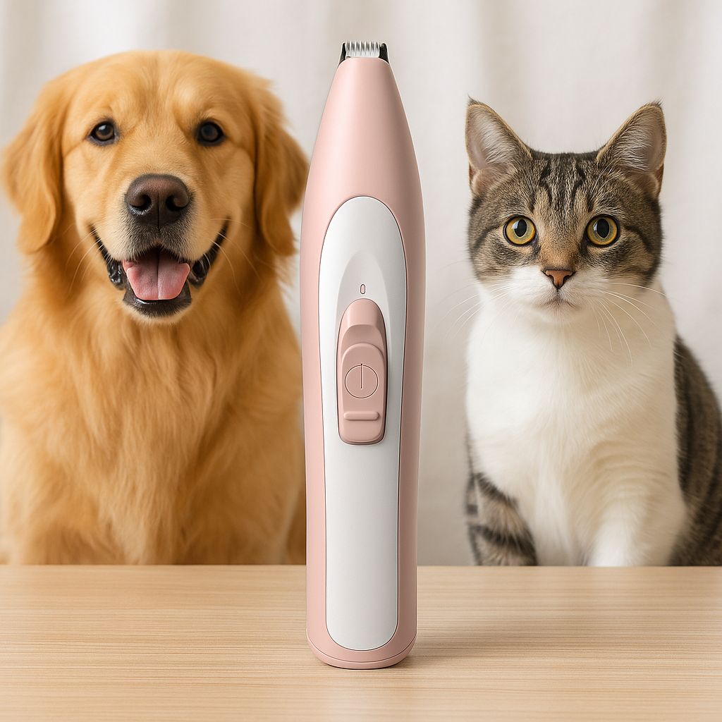 SafePaw paw trimmer displayed between a dog and a cat